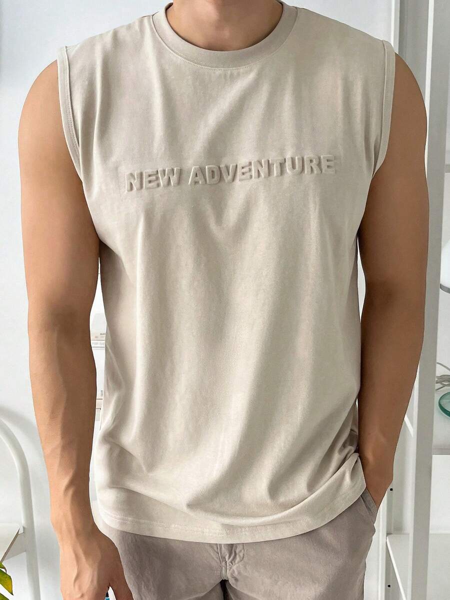 DAZY Áo thun nam cổ tròn in chữ thường ngày mùa hè - Màu be - Xem 1