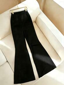 EMERY ROSE New Arrival Bestselling Office Wear Flared Button Leg Pants, Daily Fashion Slimming Wide Leg Trousers For Women - Black and White - View 3