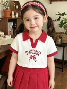 SHEIN 2pcs Baby Girl Toddler/Newborn 0-3Y Spring/Summer Casual Sporty V-Neck Polo Collar Short Sleeve Tee Shirt And Pleated Skirt Set - Red - View 3