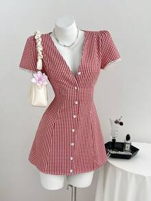 Elamini Đầm nữ kẻ caro cổ chữ V tay ngắn cài một hàng khuy kiểu dáng thường ngày - Đỏ - Xem 8