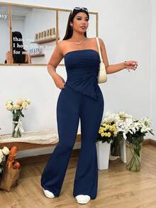 Solflare 2pcs Plus Size Navy Blue Cropped Top And Flare Jeans Set, Spring/Summer - Navy Blue - View 8