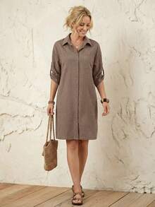 EMERY ROSE Đầm nữ màu trơn, trễ vai, tay lửng, cài cúc phía trước, dáng rộng thoải mái - màu nâu - Xem 3
