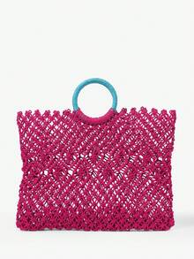 MUSERA 女士手提包，草编包，镂空设计，时尚优雅，简约个性，百搭实用，适合海滩、度假、夏季、海边、沙滩派对等场合 - 玫紅色 - 查看 1