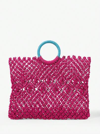 MUSERA Ladies, Women Top Handle Bags, Straw Bag, Straw Woven Bag, Hollow, Fashionable, Elegant, Simple, Personalized, Versatile, For Beach, Vacation, Holiday, Summer, Seaside, Beach Party