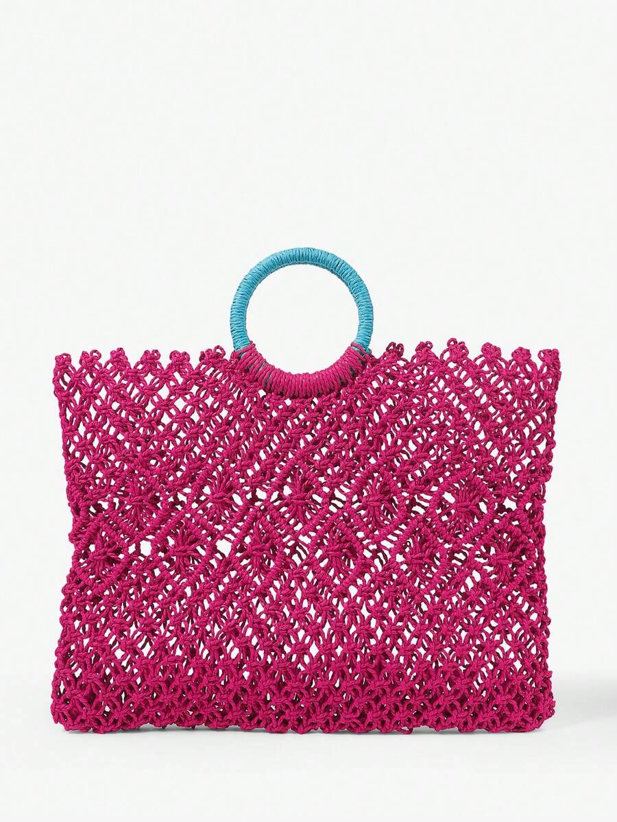 MUSERA 女士手提包，草编包，镂空设计，时尚优雅，简约个性，百搭实用，适合海滩、度假、夏季、海边、沙滩派对等场合 - 玫紅色 - 查看 1