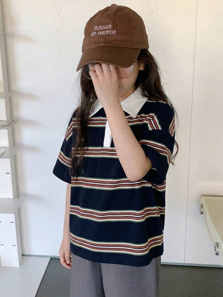 Dazy Kids 少女秋季撞色条纹领长袖T恤 - 藏蓝色 - 查看 1