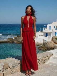 SHEIN Conjunto feminino minimalista de duas peças, cor sólida, composto por top sem mangas e saia, ideal para o dia a dia e férias na praia. Perfeito para o dia a dia. - Vermelho - Ver 4
