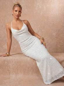 Lumalex 女士束腰露背交叉绑带链条优雅深V领连衣裙 - 白色 - 查看 5