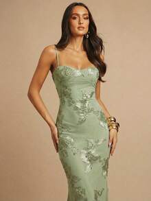 3D Floral Sexy & Elegant Fish Tail Hem Slip Dress - Mint Green - View 7
