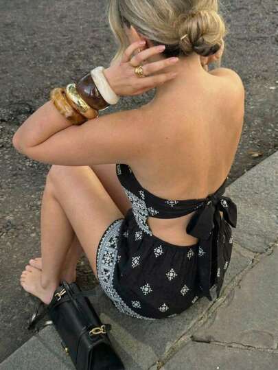 SHEIN EZwear Bộ áo liền quần quây ngực phối màu tương phản dành cho nữ