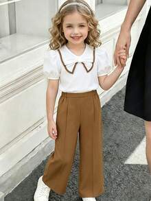 SHEIN Elladie kids 两件套：女童酒红色衬衫上衣，撞色扎染，黑色休闲裤，休闲套装 - 棕色 - 查看 2