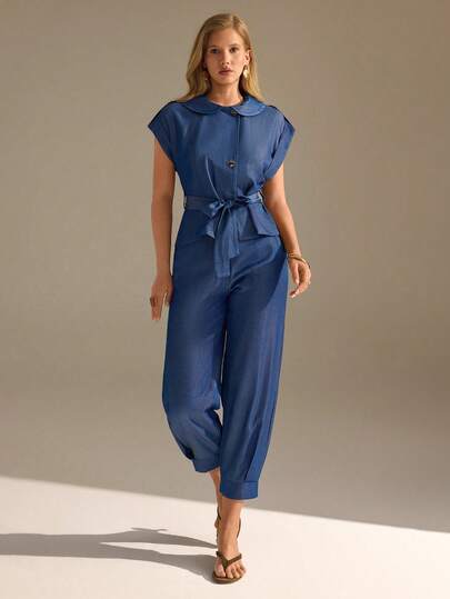 CLARA VERO Women's Button-Up Sleeveless Top With Elastic Waist Loose Fit Harem Pants Denim Suit