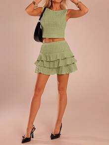 SHEIN Forever 21 Conjunto de 2 piezas de top de punto sin mangas liso y falda, moda minimalista para mujer - Verde - Ver 4