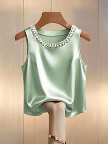 GlowEve CURVE Plus Size Fashionable Casual French Romantic Retro Elegant Commuting Pearl Decorated Vest - Green - View 1
