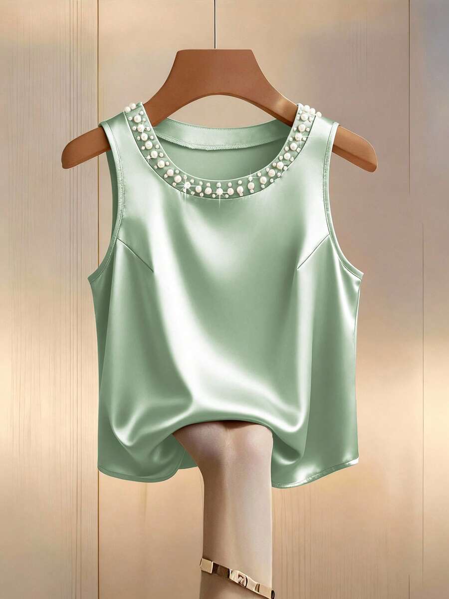 GlowEve CURVE Plus Size Fashionable Casual French Romantic Retro Elegant Commuting Pearl Decorated Vest - Green - View 1