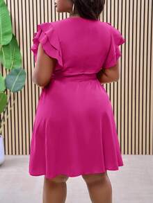 Slaydiva Plus Size Red Double Ruffle Wrap-Style Side Tie Waist A-Line Summer Vacation Dress - Pink - View 2