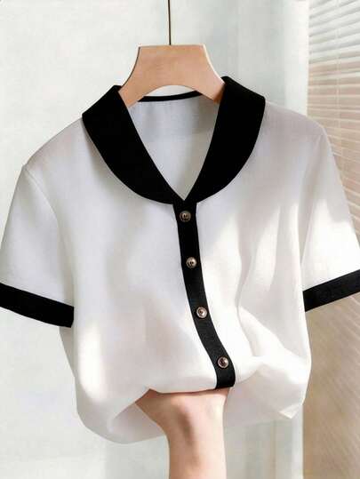 Franclia Women's V-Neck Black & White Contrast Color Short Sleeve Casual Summer Blouse
