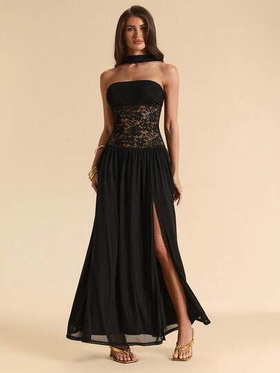 SHEIN BAE Đầm đen trơn cổ yếm phối ren, xẻ cao hở lưng, gợi cảm, thanh lịch, thích hợp cho tiệc cocktail, câu lạc bộ mùa hè.