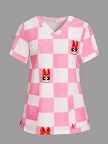 PopScrub THE POWERPUFF GIRLS X SHEIN 女士粉白格纹V领护士服上衣，可爱卡通大眼睛短袖护士服，甜美少女IP联名款制服 - 粉色 - 查看 3