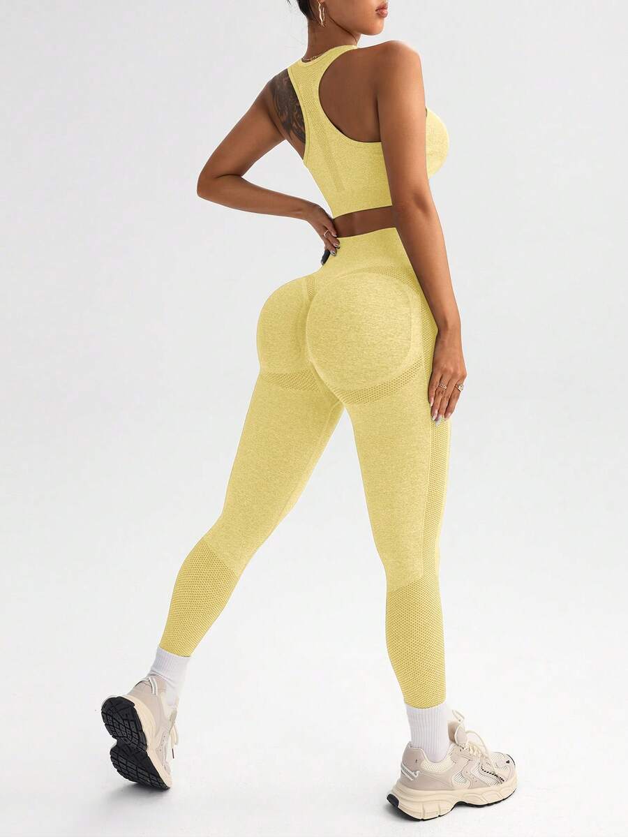 SHEIN Sports 女士休闲纯色吊带背心和紧身裤运动套装,夏季 - 奶油色 - 查看 1
