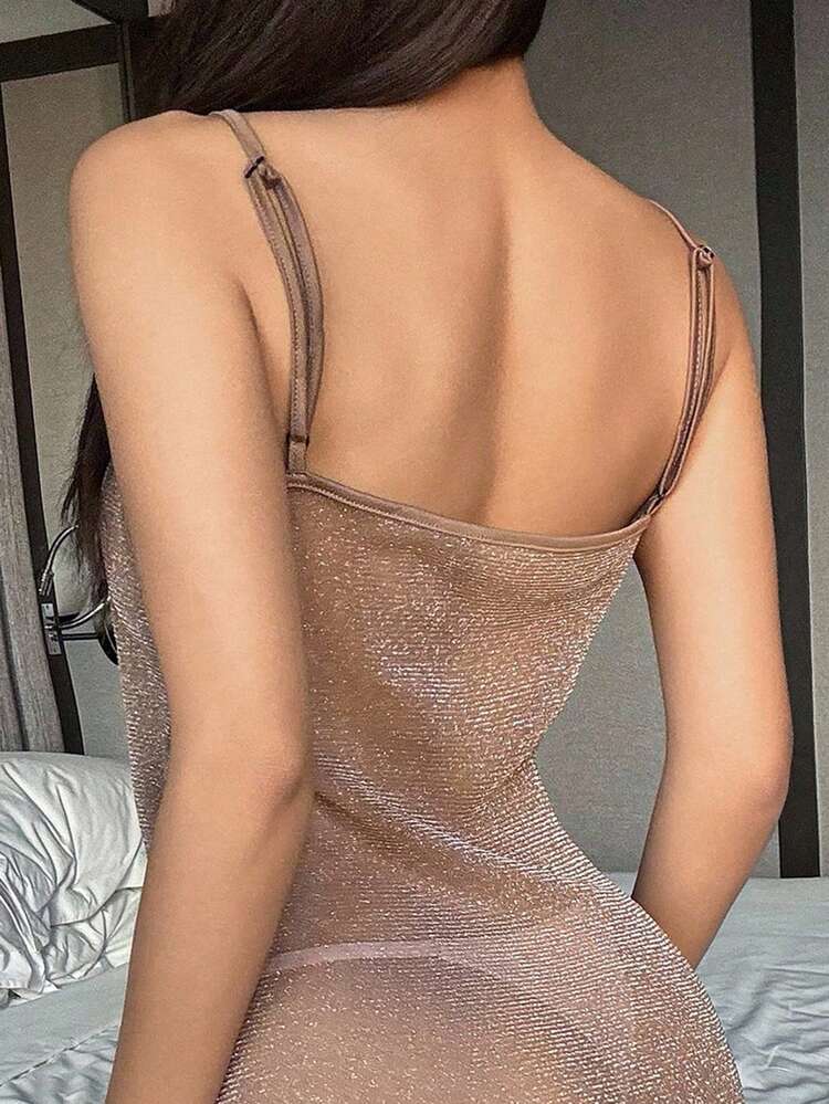 Metallic Silver Yarn Blend Mesh Wrap Spaghetti Strap See-Through Sexy Nightgown Pajama