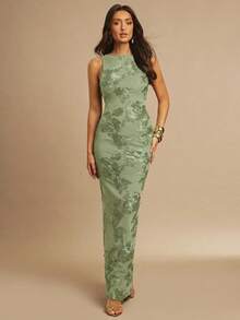 Silquee Gaun Minimalis Elegan Pas Badan dengan Motif Bunga 3D untuk Pernikahan, Makan Malam, dan Acara Pernikahan Musim Panas Warna Hijau Sage - Mint Green - View 3
