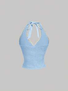 MOD Blusa de cuello halter de unicolor con encaje de contraste para mujer - Azul - Ver 4