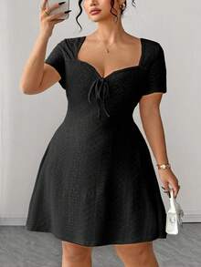 Elenzga Plus Size Fitted Stylish Solid Color Short Sleeve Jacquard Dress - Black - View 4