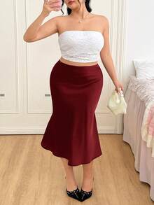 SHEIN EZwear 黑色高腰纯色缎面半身裙，适合派对和约会穿着，春夏款 - 酒紅色 - 查看 7