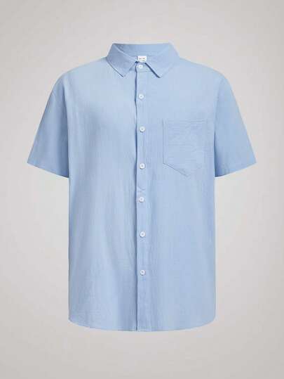 Officeau Hawaiian Style Linen Loose Casual Men's Henley Collar Short Sleeve Shirt