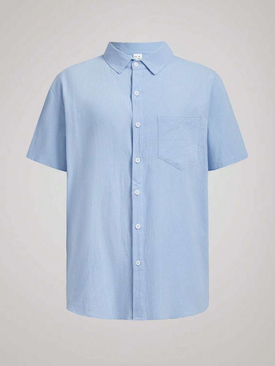 Hawaiian Style Linen Loose Casual Men's Henley Collar Short Sleeve Shirt - Baby Blue - View 1