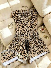 Resyla 女士豹纹褶皱抹胸上衣和抽绳腰短裤两件套 - 彩色 - 查看 1