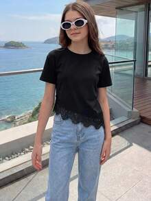 SHEIN 少女休闲纯色蕾丝拼接短袖T恤，夏季 - 黑色 - 查看 5