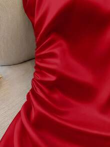 Franclia Women's Elegant Round Neck Waist Fitted Pleated Short Sleeve Versatile Solid Light Peach Blouse - Red - View 6