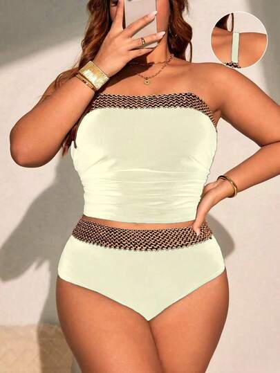 Swim Chiccia Plus Size Women's 2pcs Black Crochet Patchwork Crop Top And High Waist Crochet Patchwork Triangle Bottoms, Minimalist Vacation & Everyday Wear Bikini Set