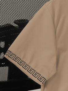 SHEIN Vacaura 男童格子印花拼接领1/4拉链POLO衫，适合休闲和通勤穿着 - 卡其色 - 查看 4