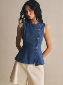 Poéselle Women's Metal Button Single-Breasted Sleeveless Denim Top - Dark Wash - View 5