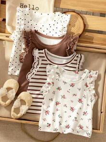 SHEIN Vintaside Kids 3pcs/Set Baby Girls' Summer Casual Outfits, Includes Solid Color & Striped Tops, Comfortable & Breathable, Suitable For Outings, Vacations, Daily Wear - Brown - View 7