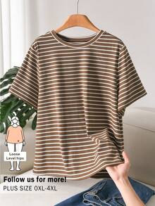 CosyJoli Áo thun tay ngắn cổ tròn kẻ sọc cỡ lớn, kiểu dáng thường ngày, đa năng, thích hợp cho mùa hè. - màu nâu - Xem 1