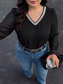 Modelyn Plus Size Women V-Neck Rhinestone Decor Casual Versatile Daily Wear Blouse Gym Brown Autumn - Black - View 1