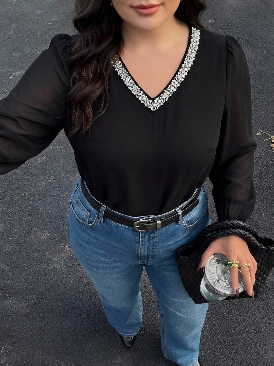 Modelyn Plus Size Women V-Neck Rhinestone Decor Casual Versatile Daily Wear Blouse Gym Brown Autumn - Black - View 1