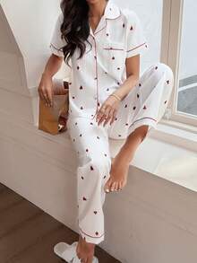 Napfluff Funny Playing Card Print Trim Short Sleeve Women Pajama Set - Red and White - View 5