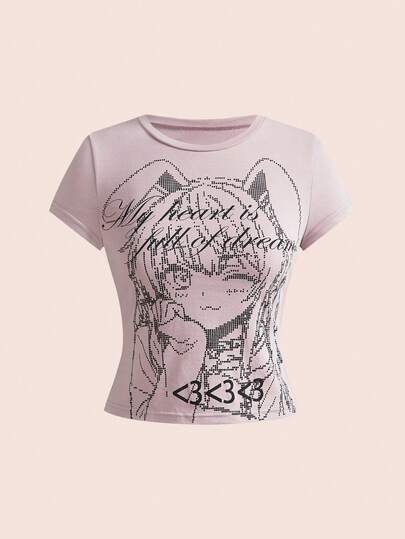 ROMWE T-shirt ajusté polyvalent avec imprimé de fille anime à pois Y2K