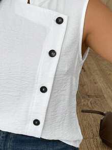 Weeklong Plus Size Women's Casual Vacation Contrast Button Loose Tank Top, Suitable For Daily Wear, Spring/Summer Elegant - White - View 3