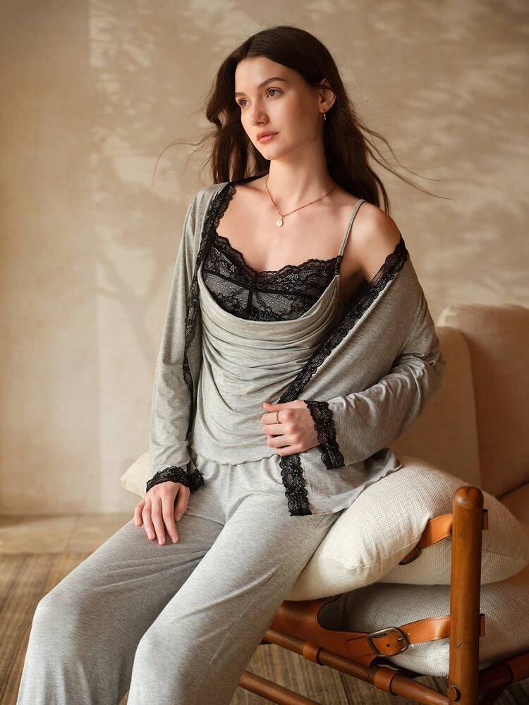 3PCS CONTRAST LACE RUCHED FITTED CAMISOLE TOP, PANTS AND BELTED ROBE PAJAMA SET