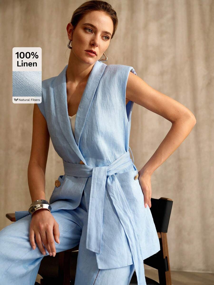 MOTF PREMIUM WOMEN'S 100% LINEN SLEEVELESS BLAZER, SPRING/SUMMER - Baby Blue - View 1