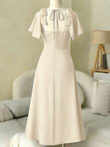 EMERY ROSE Women's Beige Retro Elegant Square Neck Bowknot Flared Dress,Summer Dining Party Date Birthday Dress,Backstring Waist Design,Spring/Summer Travel - Apricot - View 2