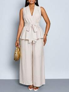 SOLERSUN Plus Size Elegant Commuter Solid Color Waist Cinching Top And Pants 2 Pieces Set, Summer - Apricot - View 4
