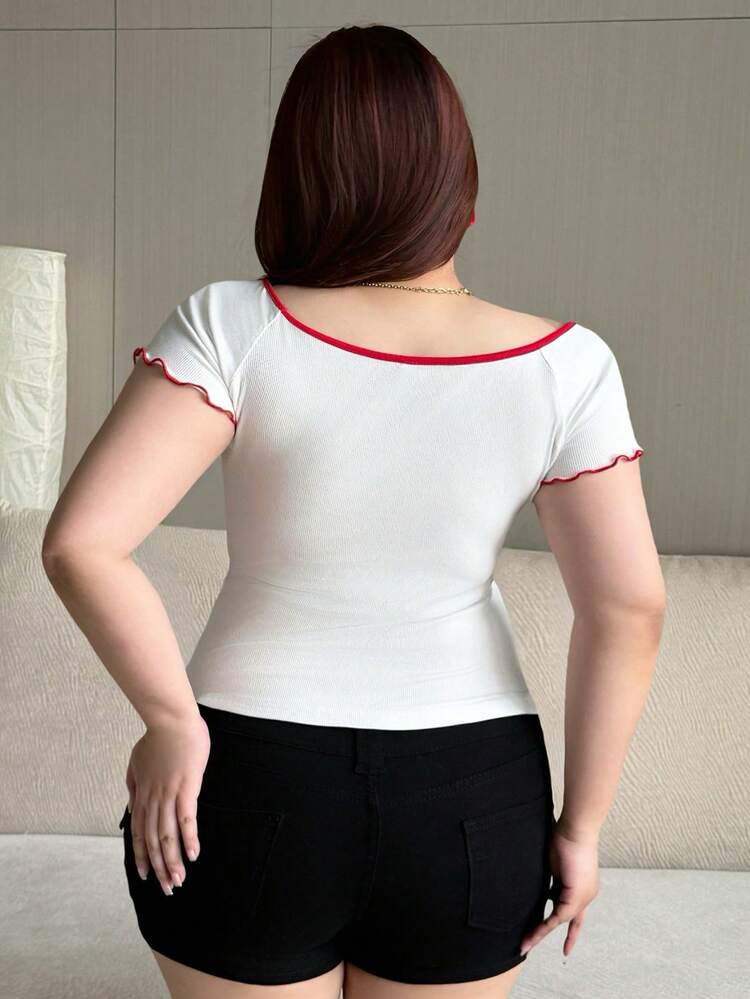 Dazy Plus Plus Size Colorblock Fitted Short Sleeve Cropped White T-Shirt, Spring/Summer