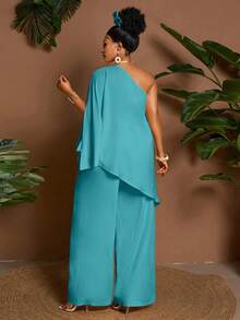Maweii 2pcs/Set Asymmetric Hem Loose Yellow Casual Vacation Commute Plus Size Top & Shorts Set, Spring/Summer/Autumn Fall - Blue - View 2